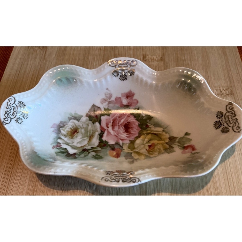BT Co. Oval Dish Germany Porcelain Trinket Condiment Bowl Rose Pink Teal 7.5"